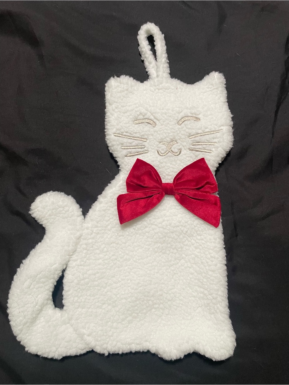 Plush White Cat Christmas Stocking with Red Bow